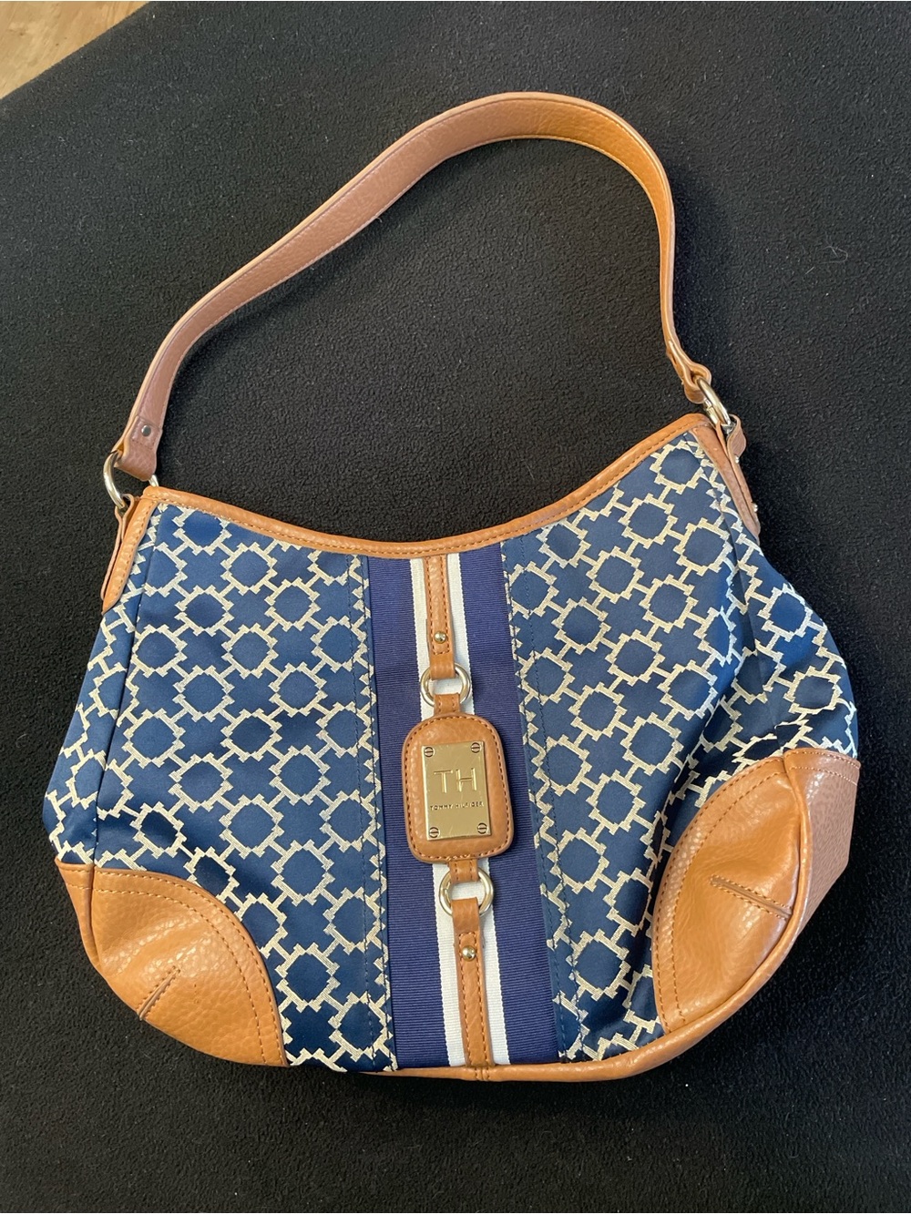 Tommy Hilfiger Blue and Tan Signature Pattern Shoulder Bag